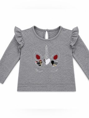 btween Grey Unicorn Heart Ruffle-Sleeve Sweatshirt with Red Accents